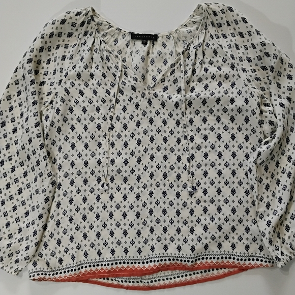 Sanctuary Tops - Sanctuary Peasant Boho Top Womens Small White Blue Geometric Orange Hem Relaxed‎